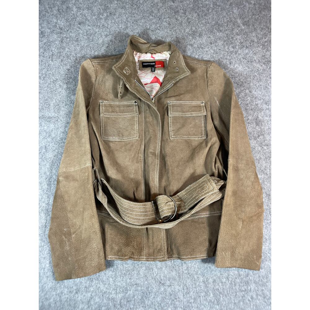 VINTAGE Marcelle Renee Leather Jacket Womens Medium Tan Belted Moto Western